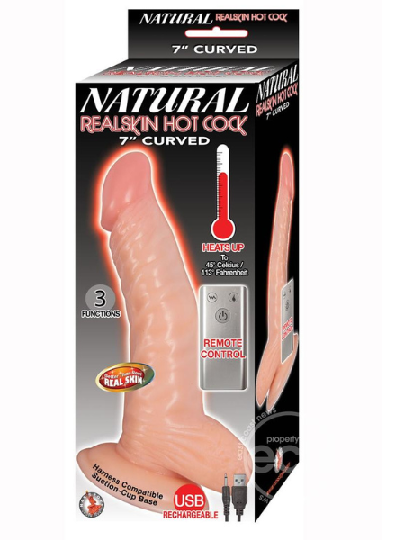 NATURAL REALSKIN HOT COCK CURVED WARMING RECHARGEABLE DILDO 7IN