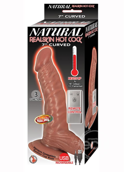 NATURAL REALSKIN HOT COCK CURVED WARMING RECHARGEABLE DILDO 7IN