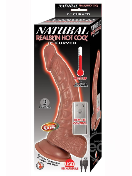 NATURAL REALSKIN HOT COCK CURVED WARMING RECHARGEABLE DILDO 8IN