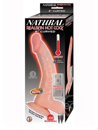 NATURAL REALSKIN HOT COCK CURVED WARMING RECHARGEABLE DILDO 8IN