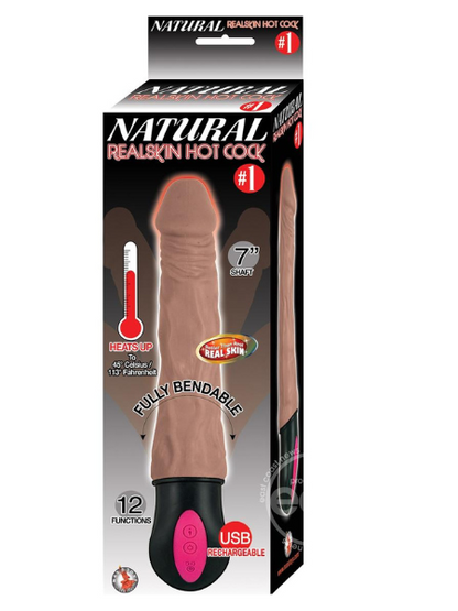 NATURAL REALSKIN HOT COCK 1 RECHARGEABLE WARMING DILDO 7IN - CHOCOLATE