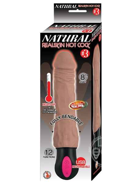 NATURAL REALSKIN HOT COCK 3 RECHARGEABLE WARMING DILDO 8IN - CHOCOLATE