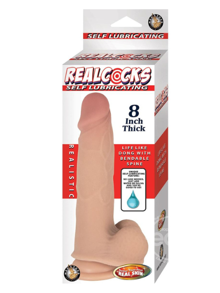 REALCOCKS SELF LUBRICATING BENDABLE THICK DILDO WITH BALLS 8IN - VANILLA