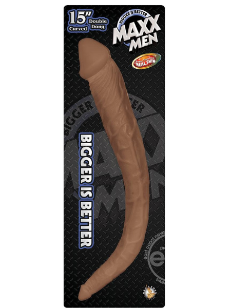 MAXX MEN REALISTIC CURVED DOUBLE DILDO 15IN - CHOCOLATE