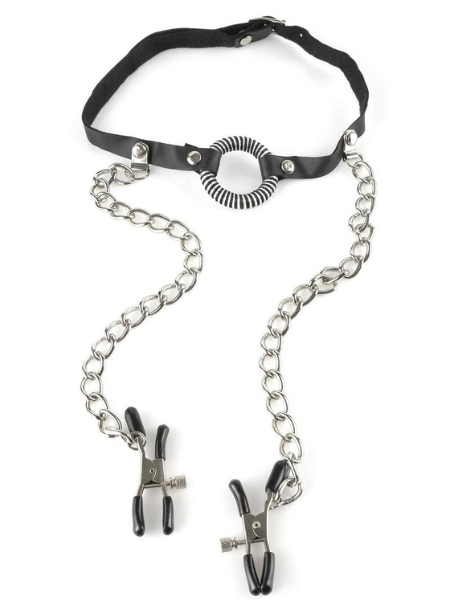 FETISH FANTASY O-RING GAG WITH NIPPLE CLAMPS - BLACK