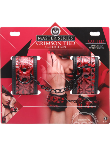 MASTER SERIES CUFFED EMBOSSED WRIST CUFFS - BLACK & RED