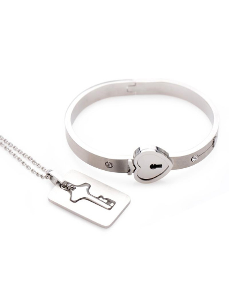 MASTER SERIES CUFFED LOCKING BRACELET & KEY NECKLACE - SILVER