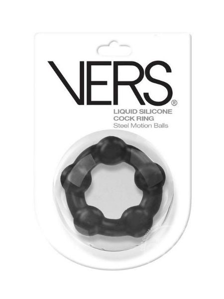 VERS LIQUID SILICONE COCK RING STEEL MOTION BALLS - BLACK