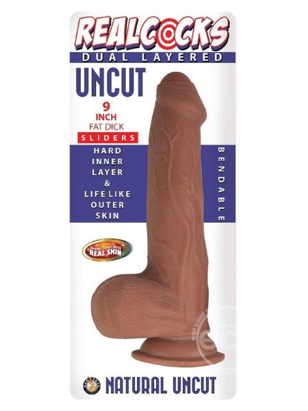 REALCOCKS DUAL LAYERED UNCUT SLIDER FAT DICK DILDO 9 IN - BROWN