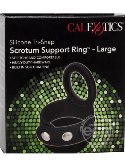 SILICONE TRI-SNAP SCROTUM SUPPORT COCK RING - LARGE - BLACK