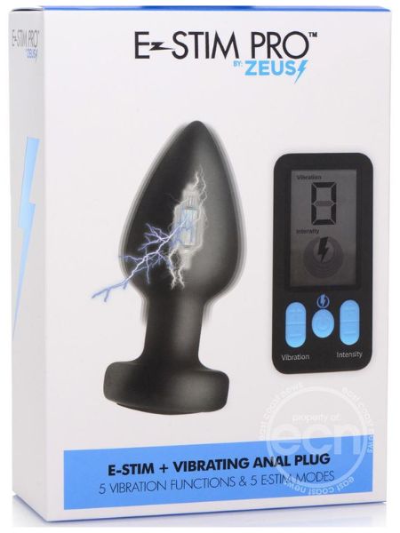 VIBRATING & E-STIM SILICONE RECHARGEABLE ANAL PLUG WITH REMOTE CONTROL - BLACK