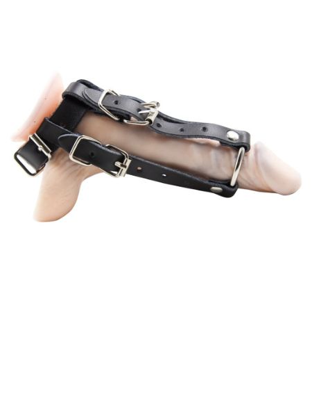 COCKRING W/RING & BUCKLE STRIPS LEATHER - BLACK