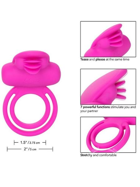 SILICONE RECHARGEABLE DUAL CLIT FLICKER VIBRATING COCKRING MULTISPEED WATERPROOF - PINK