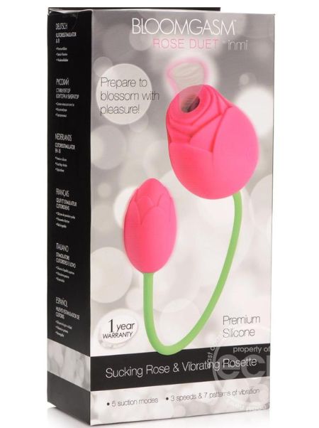 BLOOMGASM ROSE DUET 15X SILICONE RECHARGEABLE VIBRATING & SUCKING CLIT STIMULATOR - PINK