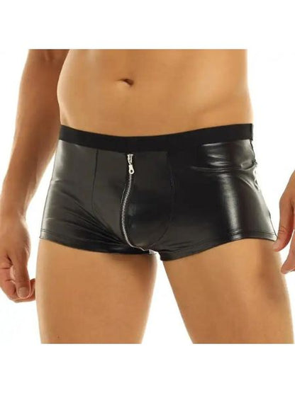 WET LOOK FAUX LEATHER ZIPPER BULGE POUCH SHORTS