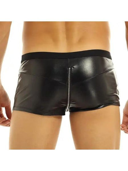 WET LOOK FAUX LEATHER ZIPPER BULGE POUCH SHORTS