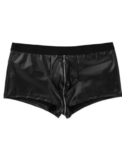 WET LOOK FAUX LEATHER ZIPPER BULGE POUCH SHORTS