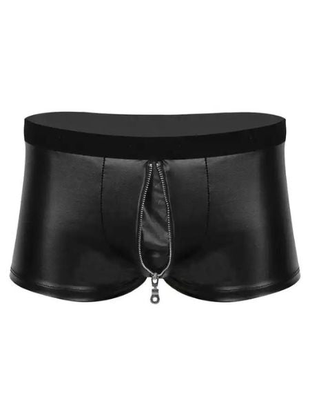 WET LOOK FAUX LEATHER ZIPPER BULGE POUCH SHORTS