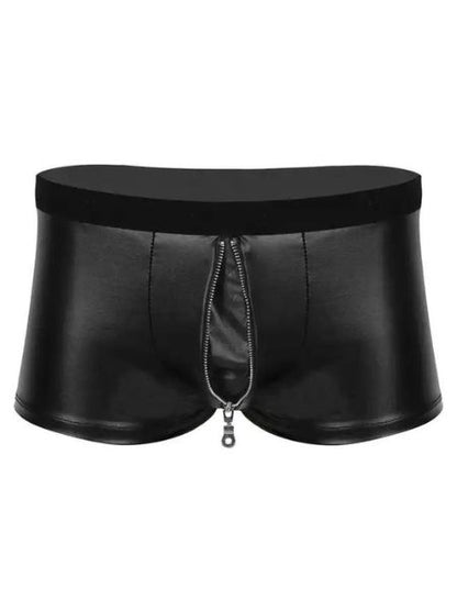 WET LOOK FAUX LEATHER ZIPPER BULGE POUCH SHORTS