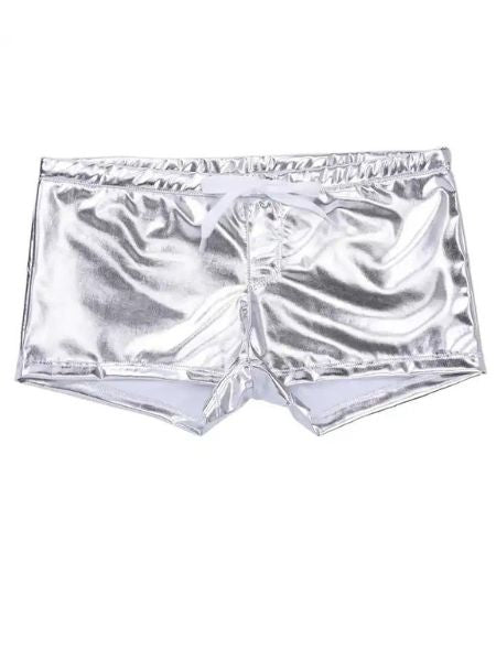 MEN'S DRAWSTRING SHINY PATENT LEATHER BOXER SHORTS - SILVER