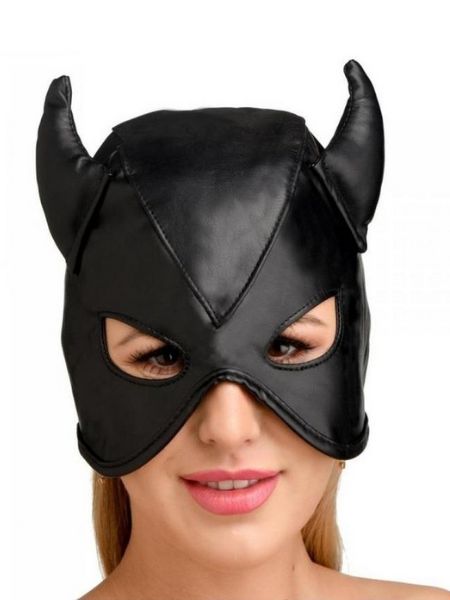 CAT WOMEN DUNGEON DEMON BONDAGE HOOD WITH HORNS - BLACK