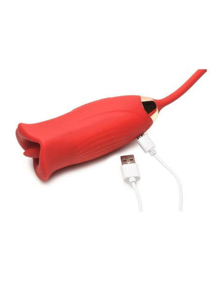 KISSING MOTION & TONGUE RECHARGEABLE SILICONE CLITORAL STIMULATOR WITH THRUSTING VIBRATOR - RED  - Red