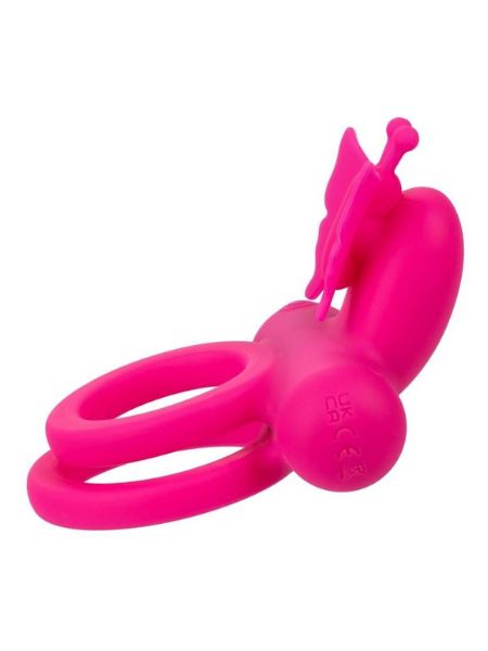 SILICONE RECHARGEABLE DUAL BUTTERFLY COUPLE RING - PINK