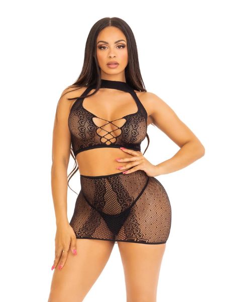 2 PC DOTTED NET AND LACE CROP TOP AND MINI SKIRT