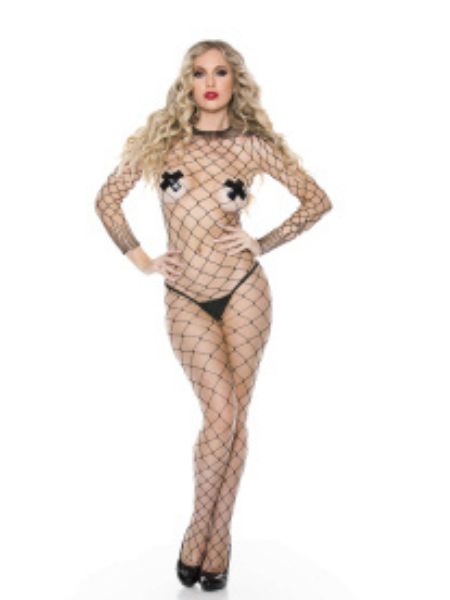 FENCE NET LONG SLEEVE BODYSTOCKING WITH OPEN BACK AND HIGH NECKLINE