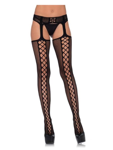 DUAL NET BACKSEAM STOCKINGS WITH ATTACHED GARTER BELT