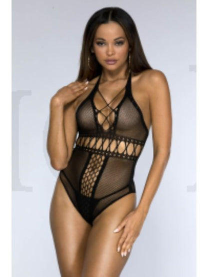 FISHNET AND FAUX LACE UP HALTER TEDDY ( G STRING AND PASTIES NOT INCLUDED )