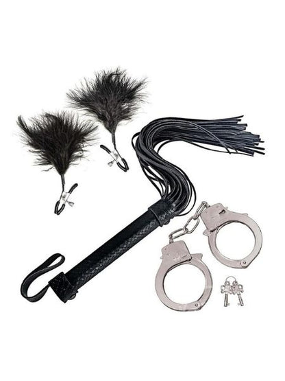 BONDAGE WHIP FEATHER CLAMPS AND CUFFS KIT - BLACK