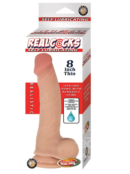 REALCOCKS SELF LUBRICATING BENDABLE THIN DILDO WITH BALLS 8IN - VANILLA