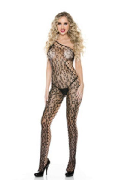 LEOPARD PRINT WITH DIAMOND NET DESIGN OPEN CROTCH ONE SHOULDER BODY STOCKING