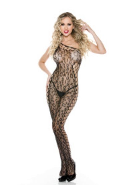 LEOPARD PRINT WITH DIAMOND NET DESIGN OPEN CROTCH ONE SHOULDER BODY STOCKING