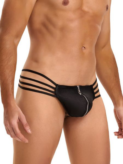 SYNTHETIC LEATHER ZIPPER CAGE THONG UNDERWEAR