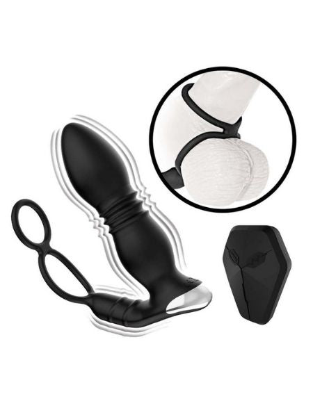 THRUSTING RECHARGEABLE SILICONE POWER PLUG WITH COCK RING