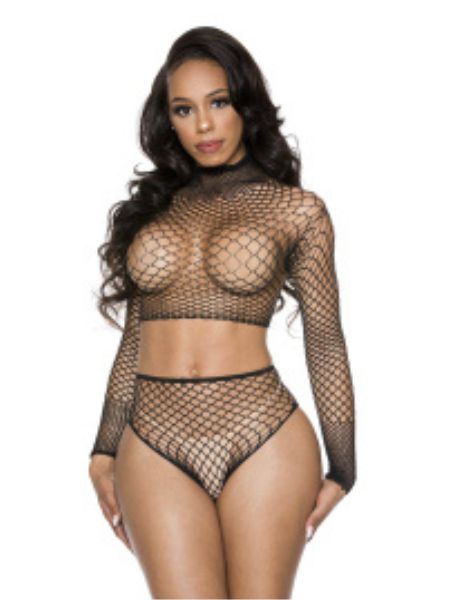 MINI DIAMOND NET LONG SLEEVE TOP WITH TYING BACK PANTY