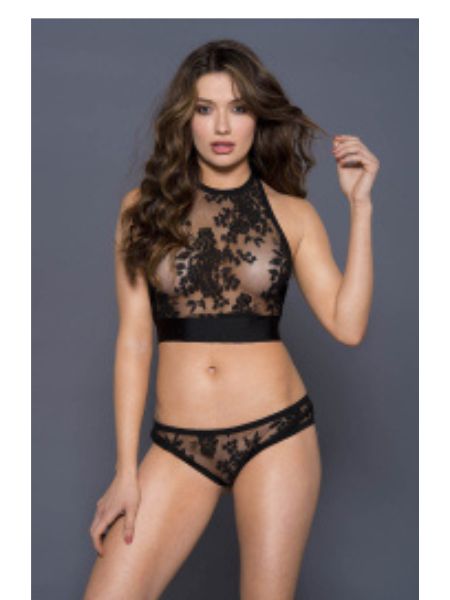 HALTER NECK LACE CROP TOP WITH MATCHING LACE PANTY