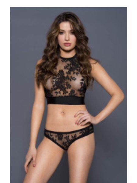 HALTER NECK LACE CROP TOP WITH MATCHING LACE PANTY