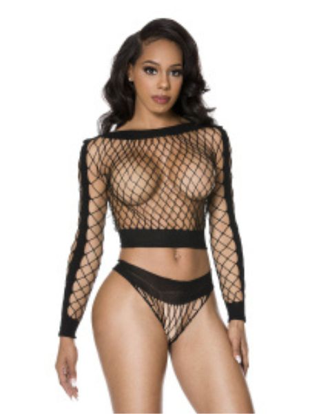 LONG SLEEVE DIAMOND NET TOP WITH OPAQUE PANELS AND MATCHING PANTY