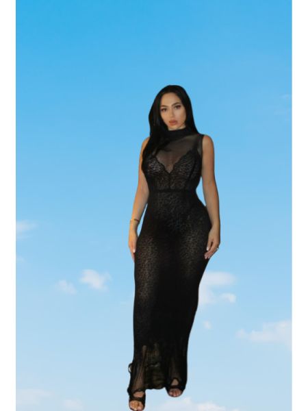 LEOPARD LACE MORTICIA DRESS - BLACK