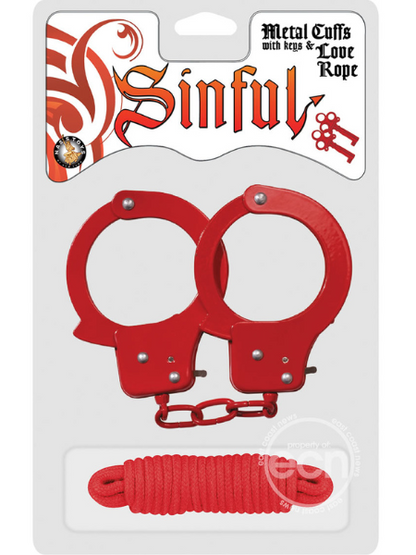 SINFUL METAL CUFFS WITH KEYS AND LOVE ROPE - RED