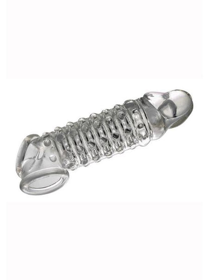OPEN ENDED , RIBBED AND NUBBED PENIS EXTENDER - CLEAR