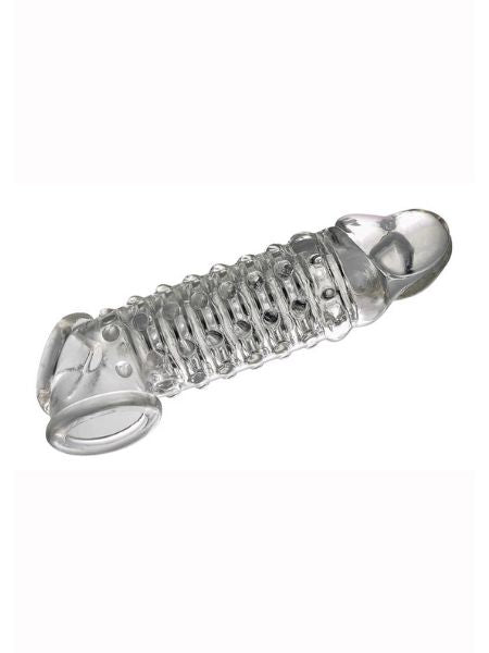 OPEN ENDED , RIBBED AND NUBBED PENIS EXTENDER - CLEAR