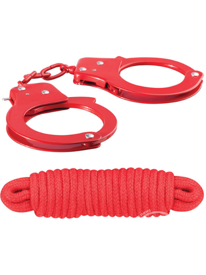 SINFUL METAL CUFFS WITH KEYS AND LOVE ROPE - RED