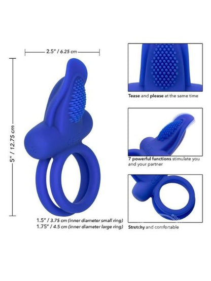 SILICONE RECHARGEABLE DUAL PLEASURE ENHANCER COCK RING - BLUE