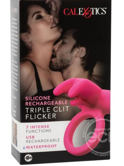 RECHARGEABLE TRIPLE CLIT FLICKER COCK RING - PINK