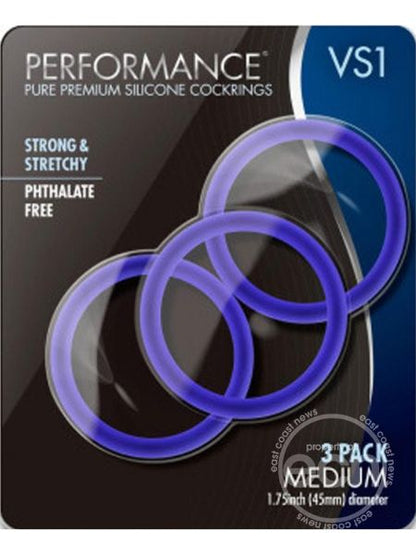 PERFORMANCE VS1 PURE PREMIUM SILICONE COCK RINGS ( 3 PACK ) - MEDIUM - INDIGO