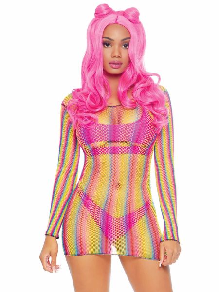 RAINBOW FISHNET LONG SLEEVED MINI DRESS